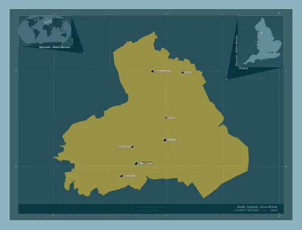 彭德尔 英格兰非大都市地区 大不列颠 固体的颜色形状 该区域主要城市的地点和名称 角辅助位置图 — 图库照片