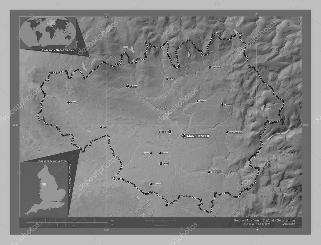 Gran Mánchester, región de Inglaterra Gran Bretaña. Mapa de elevación a
