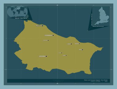 Redcar ve Cleveland, İngiltere 'nin üniter otoritesi Büyük Britanya. Katı renk şekli. Bölgenin büyük şehirlerinin yerleri ve isimleri. Köşedeki yedek konum haritaları