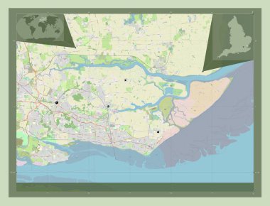 Rochford, İngiltere 'nin metropolitan olmayan bölgesi, Büyük Britanya. Açık Sokak Haritası. Bölgenin büyük şehirlerinin yerleri. Köşedeki yedek konum haritaları