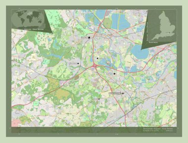 Runnymede, İngiltere 'nin metropolitan olmayan bölgesi - Büyük Britanya. Açık Sokak Haritası. Bölgenin büyük şehirlerinin yerleri ve isimleri. Köşedeki yedek konum haritaları