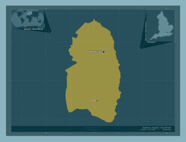 Rushmoor, İngiltere 'nin metropolitan olmayan bölgesi - Büyük Britanya. Katı renk şekli. Bölgenin büyük şehirlerinin yerleri ve isimleri. Köşedeki yedek konum haritaları