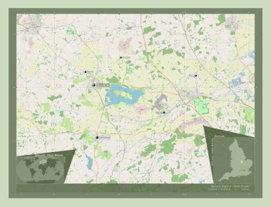 Rutland, İngiltere 'nin üniter otoritesi - Büyük Britanya. Açık Sokak Haritası. Bölgenin büyük şehirlerinin yerleri ve isimleri. Köşedeki yedek konum haritaları