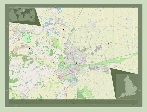 ピーターバラ市 イギリスの統一当局 イギリス ストリートマップを開く 地域の主要都市の場所 コーナー補助位置図 — ストック写真
