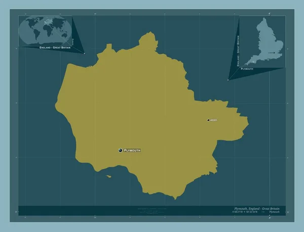 普利茅斯 英格兰的统一权威 大不列颠 固体的颜色形状 该区域主要城市的地点和名称 角辅助位置图 — 图库照片
