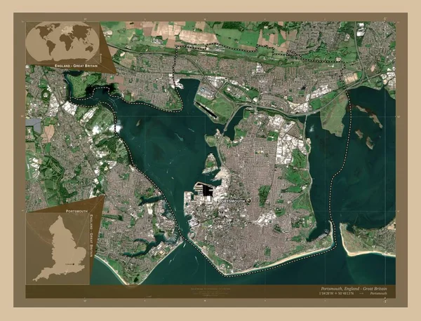 ポーツマス イギリスの統一当局 イギリス 低解像度衛星地図 地域の主要都市の位置と名前 コーナー補助位置図 — ストック写真