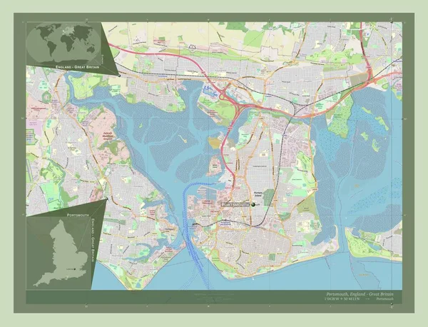 ポーツマス イギリスの統一当局 イギリス ストリートマップを開く 地域の主要都市の位置と名前 コーナー補助位置図 — ストック写真