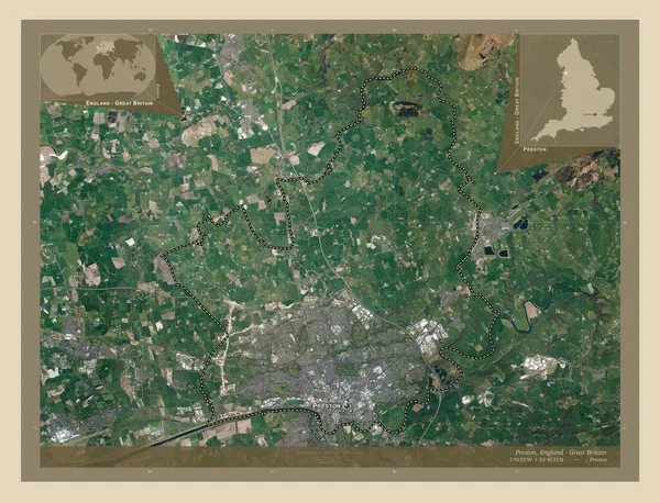 普雷斯顿 英格兰的非大都市地区 大不列颠 高分辨率卫星地图 该区域主要城市的地点和名称 角辅助位置图 — 图库照片