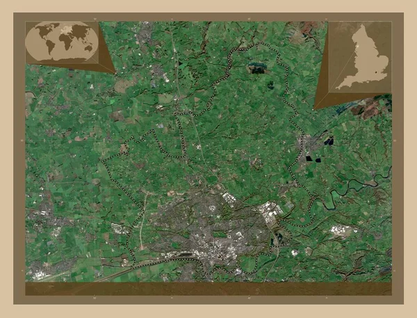イギリスの首都圏ではないプレストン イギリス 低解像度衛星地図 地域の主要都市の場所 コーナー補助位置図 — ストック写真