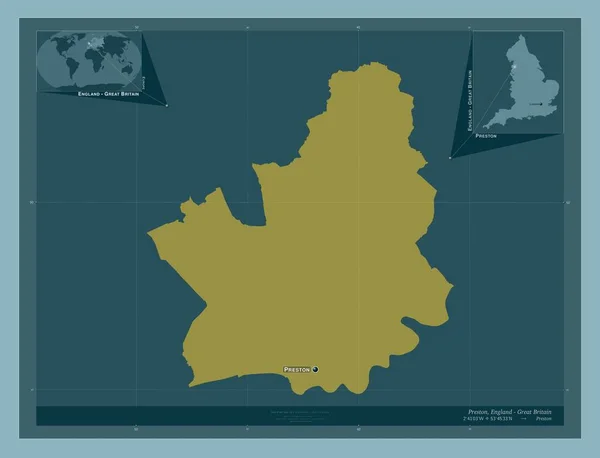 普雷斯顿 英格兰的非大都市地区 大不列颠 固体的颜色形状 该区域主要城市的地点和名称 角辅助位置图 — 图库照片