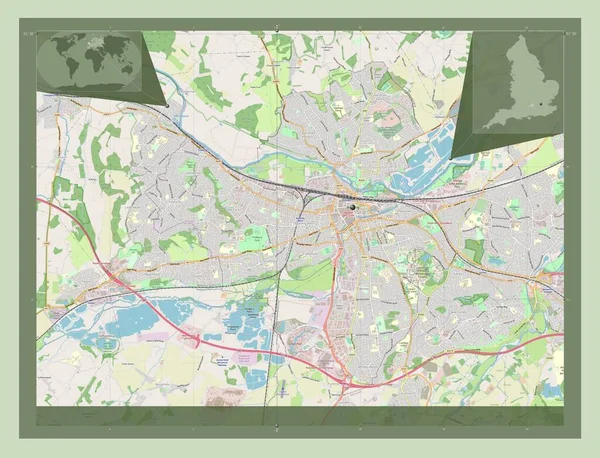 英国行政郡 开放街道地图 该区域主要城市的所在地点 角辅助位置图 — 图库照片