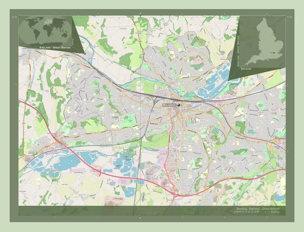 英国行政郡 开放街道地图 该区域主要城市的地点和名称 角辅助位置图 — 图库照片