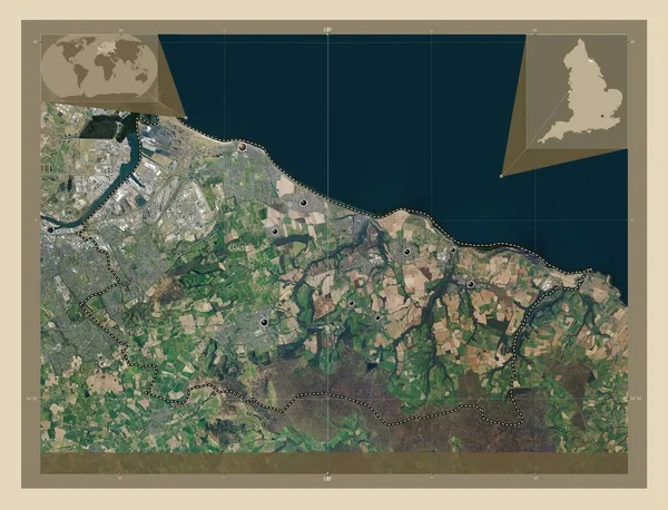 レッドカーとクリーブランド イギリスの統一当局 イギリス 高解像度衛星地図 地域の主要都市の場所 コーナー補助位置図 — ストック写真