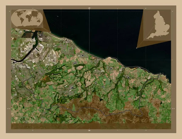 レッドカーとクリーブランド イギリスの統一当局 イギリス 低解像度衛星地図 地域の主要都市の場所 コーナー補助位置図 — ストック写真