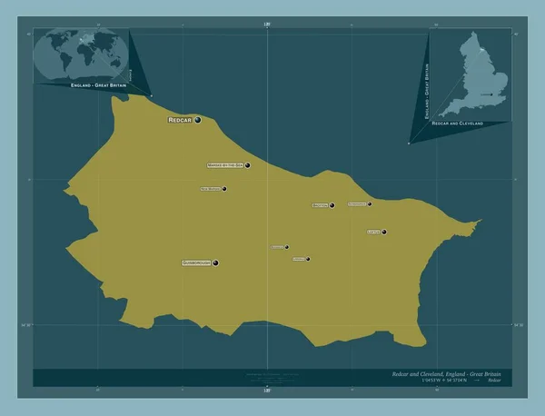 红车和克利夫兰 英格兰的统一权威 大不列颠 固体的颜色形状 该区域主要城市的地点和名称 角辅助位置图 — 图库照片