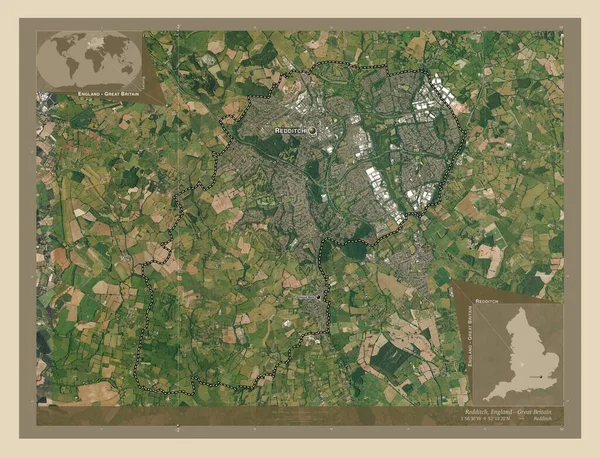 Redditch 英格兰非都市地区 大不列颠 高分辨率卫星地图 该区域主要城市的地点和名称 角辅助位置图 — 图库照片