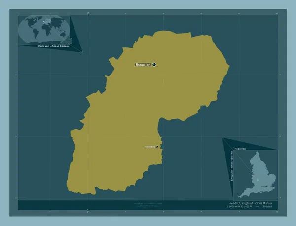Redditch 英格兰非都市地区 大不列颠 固体的颜色形状 该区域主要城市的地点和名称 角辅助位置图 — 图库照片