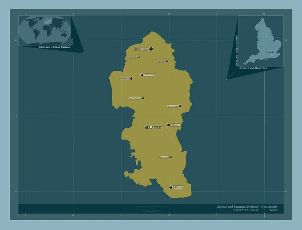 Reigate Banstead Non Metropolitan District England 大不列颠 固体的颜色形状 该区域主要城市的地点和名称 角辅助位置图 — 图库照片