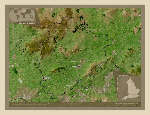 Ribble Valley 英格兰非大都市地区 大不列颠 高分辨率卫星地图 该区域主要城市的地点和名称 角辅助位置图 — 图库照片