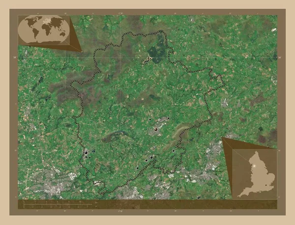 イギリスの首都圏ではない地域 リブル バレー イギリス 低解像度衛星地図 地域の主要都市の場所 コーナー補助位置図 — ストック写真
