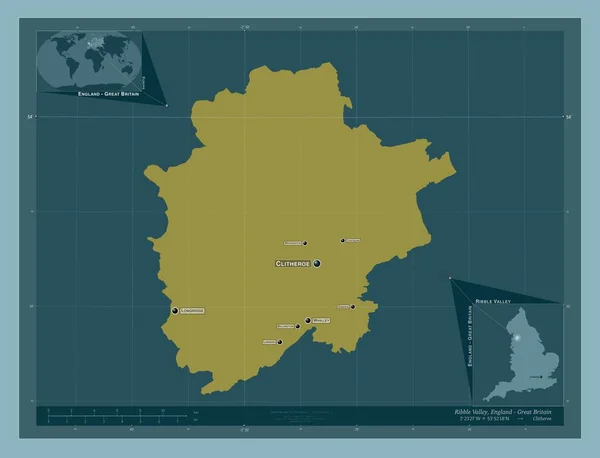 イギリスの首都圏ではない地域 リブル バレー イギリス しっかりした色の形 地域の主要都市の位置と名前 コーナー補助位置図 — ストック写真
