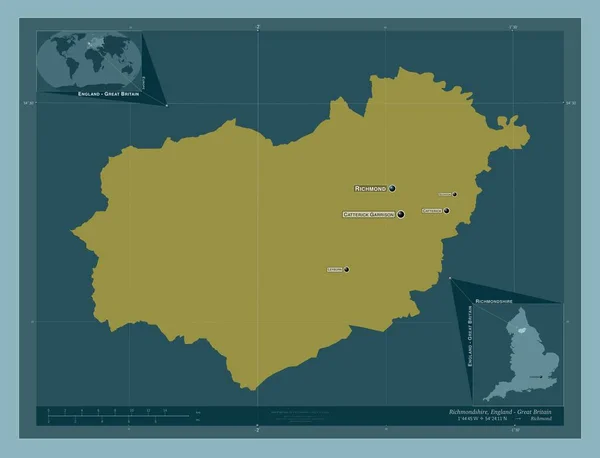イギリスの首都圏ではないリッチモンドシャー州 イギリス しっかりした色の形 地域の主要都市の位置と名前 コーナー補助位置図 — ストック写真