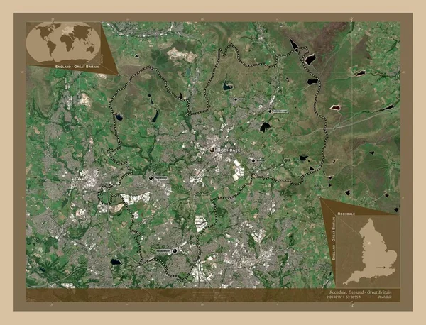 イギリスの行政郡 ロックデール イギリス 低解像度衛星地図 地域の主要都市の位置と名前 コーナー補助位置図 — ストック写真