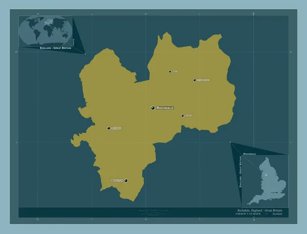 Rochdale 英格兰行政区划 大不列颠 固体的颜色形状 该区域主要城市的地点和名称 角辅助位置图 — 图库照片