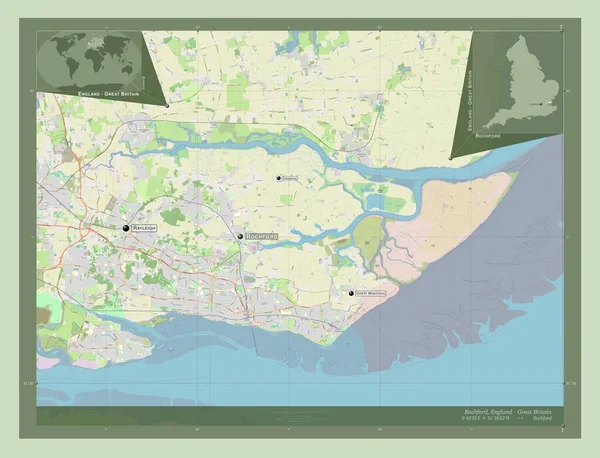 Rochford, İngiltere 'nin metropolitan olmayan bölgesi, Büyük Britanya. Açık Sokak Haritası. Bölgenin büyük şehirlerinin yerleri ve isimleri. Köşedeki yedek konum haritaları