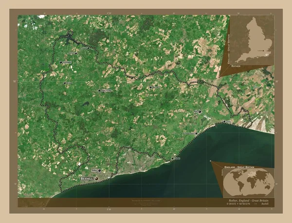 英格兰非大都市地区的Rother 大不列颠 低分辨率卫星地图 该区域主要城市的地点和名称 角辅助位置图 — 图库照片