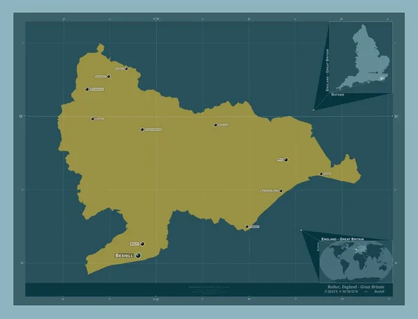 英格兰非大都市地区的Rother 大不列颠 固体的颜色形状 该区域主要城市的地点和名称 角辅助位置图 — 图库照片