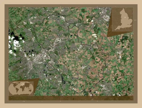 ロザム イングランドの行政郡 イギリス 低解像度衛星地図 地域の主要都市の場所 コーナー補助位置図 — ストック写真