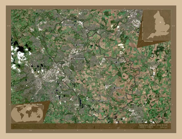 罗瑟汉 英格兰的行政区划 大不列颠 低分辨率卫星地图 该区域主要城市的地点和名称 角辅助位置图 — 图库照片