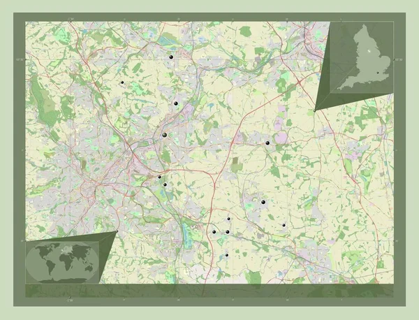 ロザム イングランドの行政郡 イギリス ストリートマップを開く 地域の主要都市の場所 コーナー補助位置図 — ストック写真