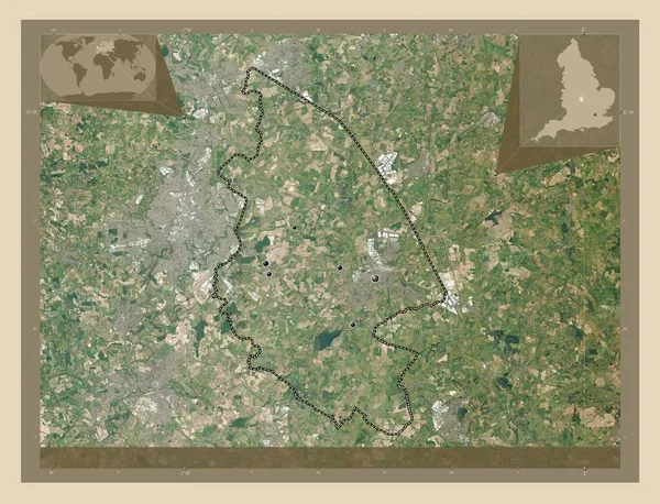 イングランドの首都圏ではないラグビー イギリス 高解像度衛星地図 地域の主要都市の場所 コーナー補助位置図 — ストック写真