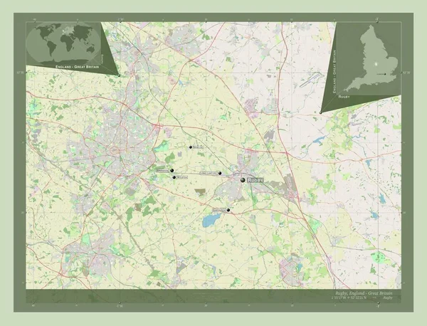イングランドの首都圏ではないラグビー イギリス ストリートマップを開く 地域の主要都市の位置と名前 コーナー補助位置図 — ストック写真