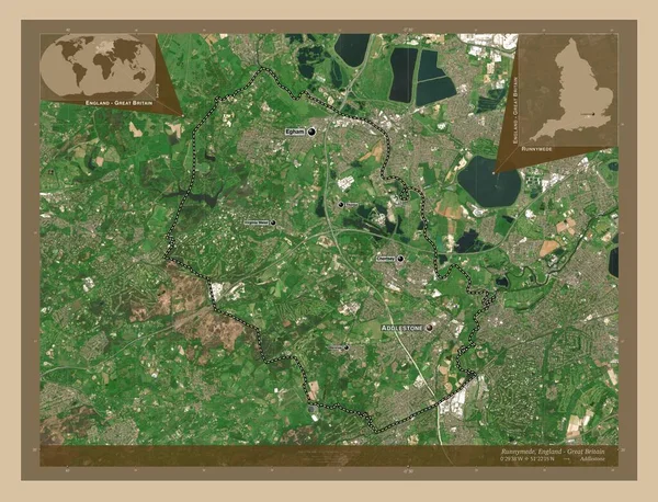 Runnymede 英格兰非都市地区 大不列颠 低分辨率卫星地图 该区域主要城市的地点和名称 角辅助位置图 — 图库照片
