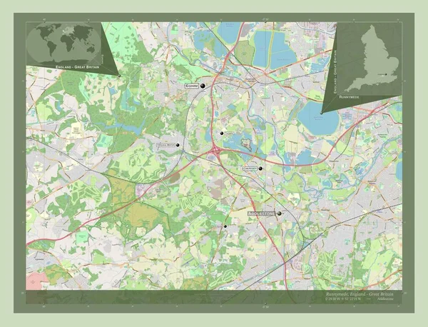 Runnymede 英格兰非都市地区 大不列颠 开放街道地图 该区域主要城市的地点和名称 角辅助位置图 — 图库照片