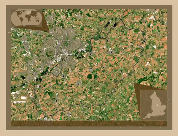 罗什克里夫 英格兰非大都市地区 大不列颠 低分辨率卫星地图 该区域主要城市的所在地点 角辅助位置图 — 图库照片