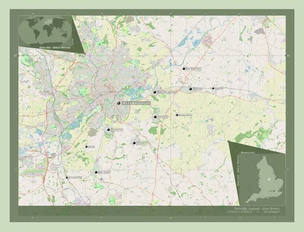 イングランドの首都圏ではない地域 ラッシュクリフ イギリス ストリートマップを開く 地域の主要都市の位置と名前 コーナー補助位置図 — ストック写真