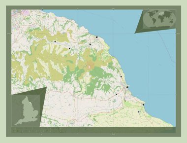 Scarborough, İngiltere 'nin metropolitan olmayan bölgesi, Büyük Britanya. Açık Sokak Haritası. Bölgenin büyük şehirlerinin yerleri. Köşedeki yedek konum haritaları