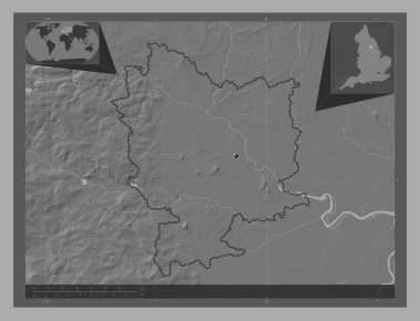 Selby, İngiltere 'nin metropolitan olmayan bölgesi, Büyük Britanya. Göllü ve nehirli çift katlı yükseklik haritası. Köşedeki yedek konum haritaları