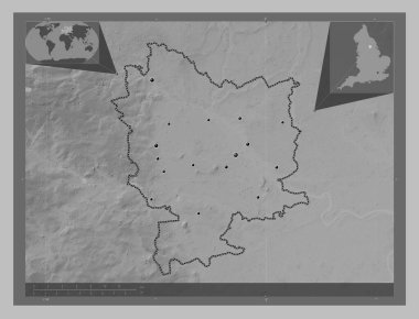 Selby, İngiltere 'nin metropolitan olmayan bölgesi, Büyük Britanya. Gölleri ve nehirleri olan gri tonlama yükseklik haritası. Bölgenin büyük şehirlerinin yerleri. Köşedeki yedek konum haritaları