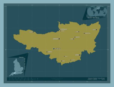 Somerset, İngiltere idari kontluğu - Büyük Britanya. Katı renk şekli. Bölgenin büyük şehirlerinin yerleri ve isimleri. Köşedeki yedek konum haritaları