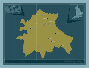 Güney Cambridgeshire, İngiltere 'nin metropolitan olmayan bölgesi - Büyük Britanya. Katı renk şekli. Bölgenin büyük şehirlerinin yerleri ve isimleri. Köşedeki yedek konum haritaları