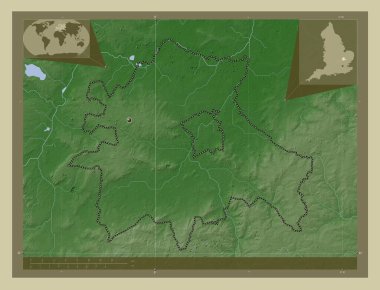 Güney Cambridgeshire, İngiltere 'nin metropolitan olmayan bölgesi - Büyük Britanya. Yükseklik haritası göller ve nehirlerle wiki tarzında renklendirilmiş. Köşedeki yedek konum haritaları