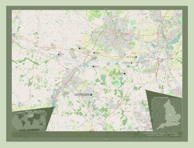 Güney Derbyshire, İngiltere 'nin metropolitan olmayan bölgesi - Büyük Britanya. Açık Sokak Haritası. Bölgenin büyük şehirlerinin yerleri ve isimleri. Köşedeki yedek konum haritaları