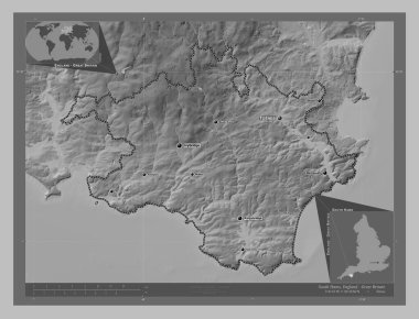 South Hams, İngiltere 'nin metropolitan olmayan bölgesi - Büyük Britanya. Gölleri ve nehirleri olan gri tonlama yükseklik haritası. Bölgenin büyük şehirlerinin yerleri ve isimleri. Köşedeki yedek konum haritaları