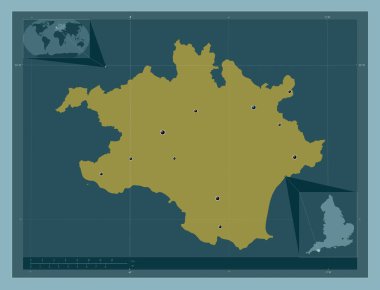 South Hams, İngiltere 'nin metropolitan olmayan bölgesi - Büyük Britanya. Katı renk şekli. Bölgenin büyük şehirlerinin yerleri. Köşedeki yedek konum haritaları