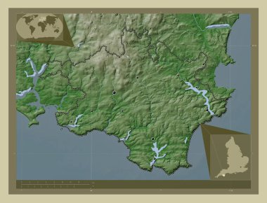 South Hams, İngiltere 'nin metropolitan olmayan bölgesi - Büyük Britanya. Yükseklik haritası göller ve nehirlerle wiki tarzında renklendirilmiş. Bölgenin büyük şehirlerinin yerleri. Köşedeki yedek konum haritaları